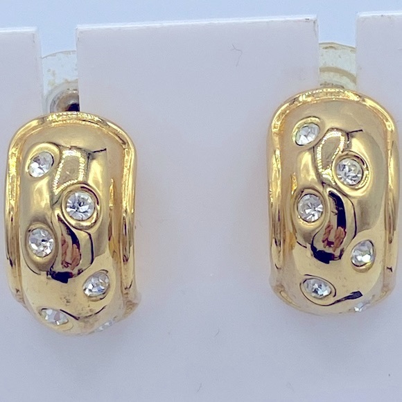 Nolan Miller Vintage Gold Plated Clear Crystal Half Loop Pierced Earrings - Picture 6 of 8